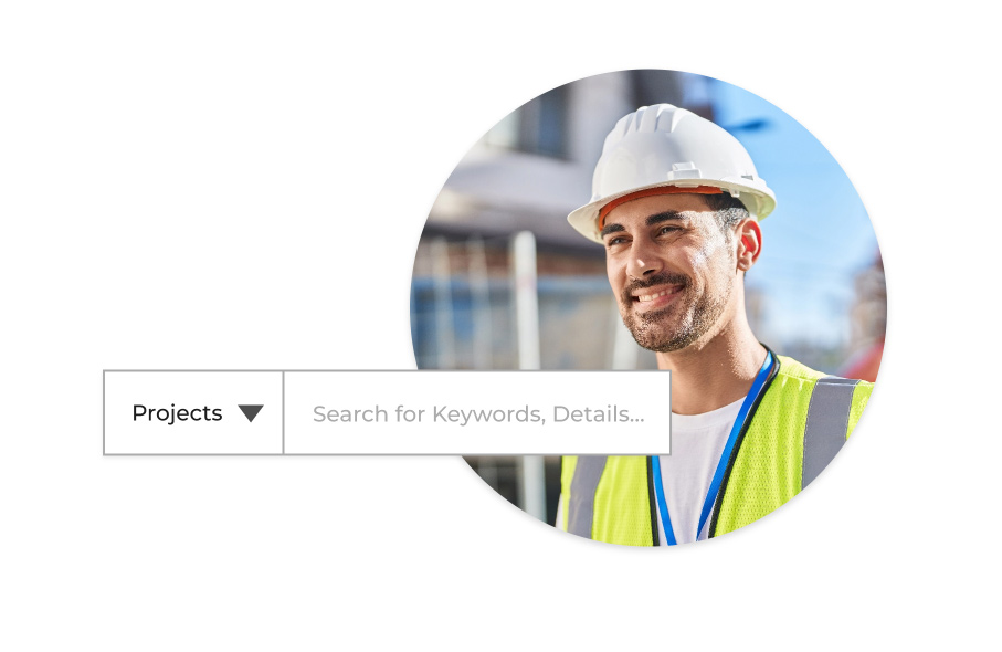 A contractor smiles because he finds great projects with ConstructConnect. An overlay has Project Intelligence’s search bar. 