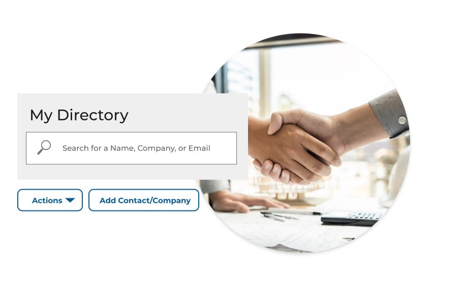 A general contractor shakes hands with a new subcontractor, after finding each other through ConstructConnect’s network. 
