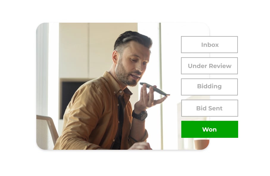 A contractor on the phone, asking about a bid. An overlay shows Bid Center’s process, from ‘Inbox’ to ‘Won’.
