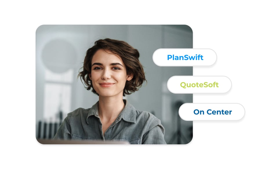  A contractor using takeoff software. An overlay names ConstructConnect’s takeoff brands: PlanSwift, QuoteSoft, On Center.