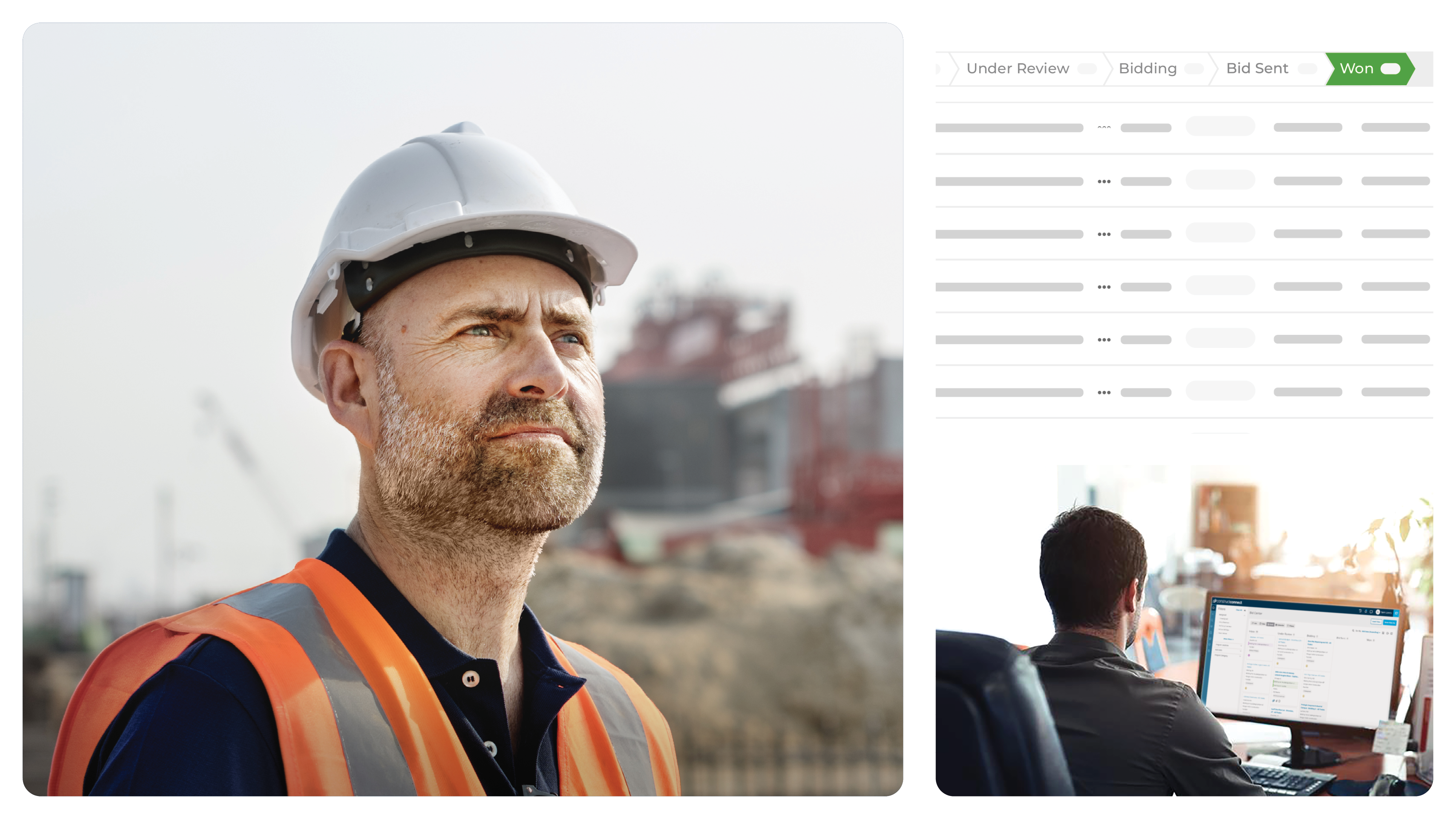 Construction professional on-site, reviewing a bid center dashboard on a computer, showcasing projects bid on and won for streamlined project management