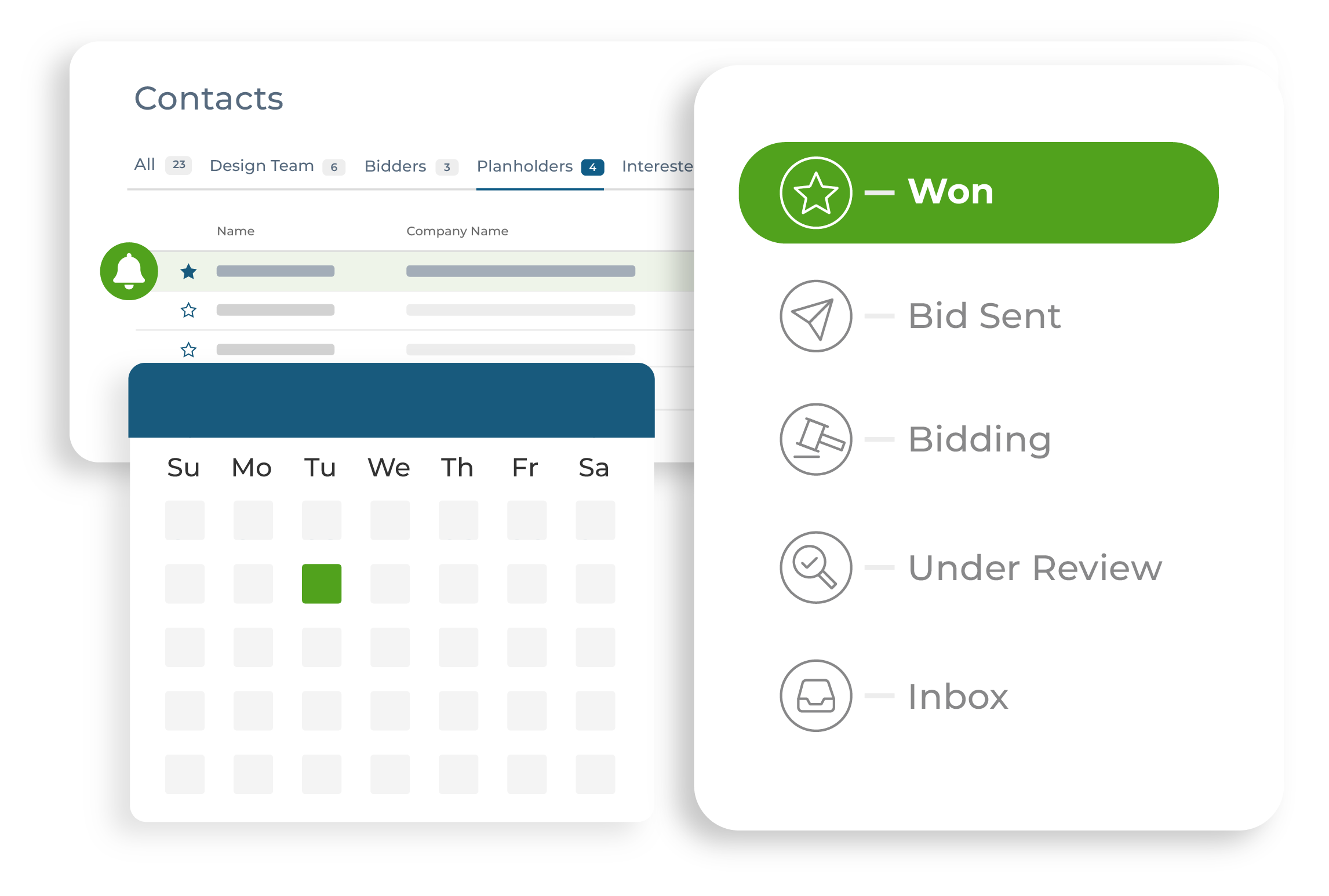 Comprehensive contact list of construction project design team, bidders, planholders, and interested parties, with calendar and bid pipeline tracking: inbox, under review, bidding, bid sent, and won projects.