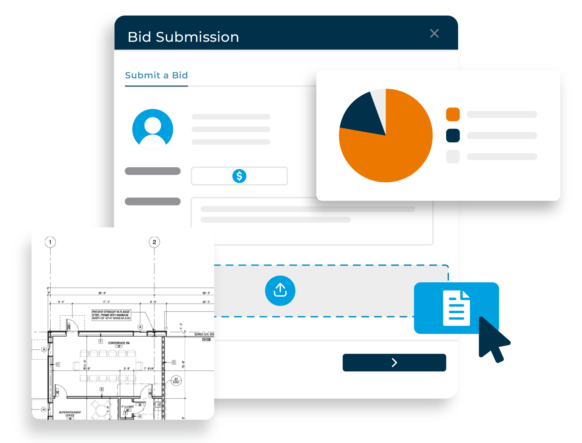 Construction bid submission with supporting documents, digital floor plan featuring measurements, and a pie chart displaying key data for bid analysis and decision-making.