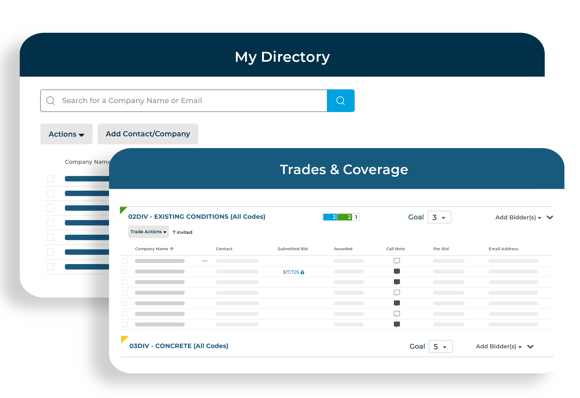Construction bid directory and trade categories showing bidder coverage levels for subcontractor selection.