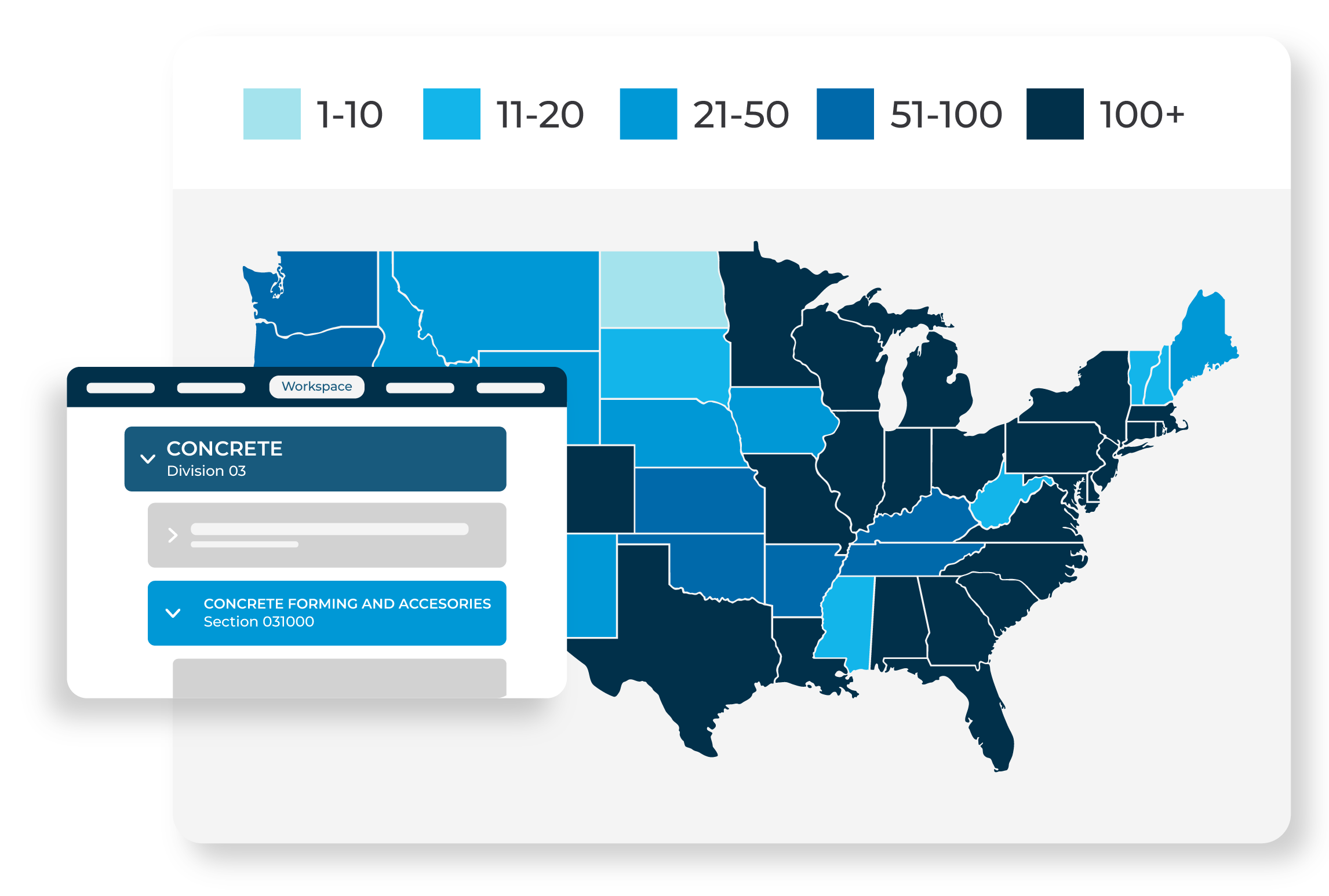 US map showcasing the number of construction projects across regions, with project data categorized by different construction fields for targeted insights.