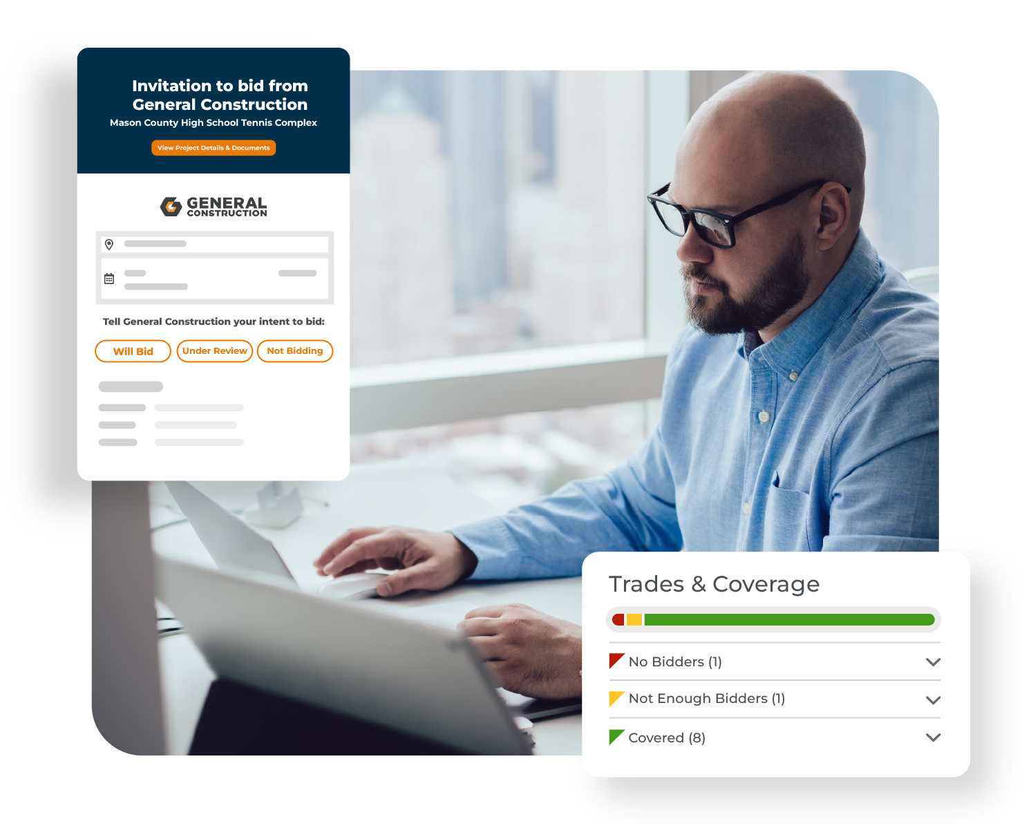 General contractor using construction bid management software to send digital invitations to bid and review trade coverages for a project.