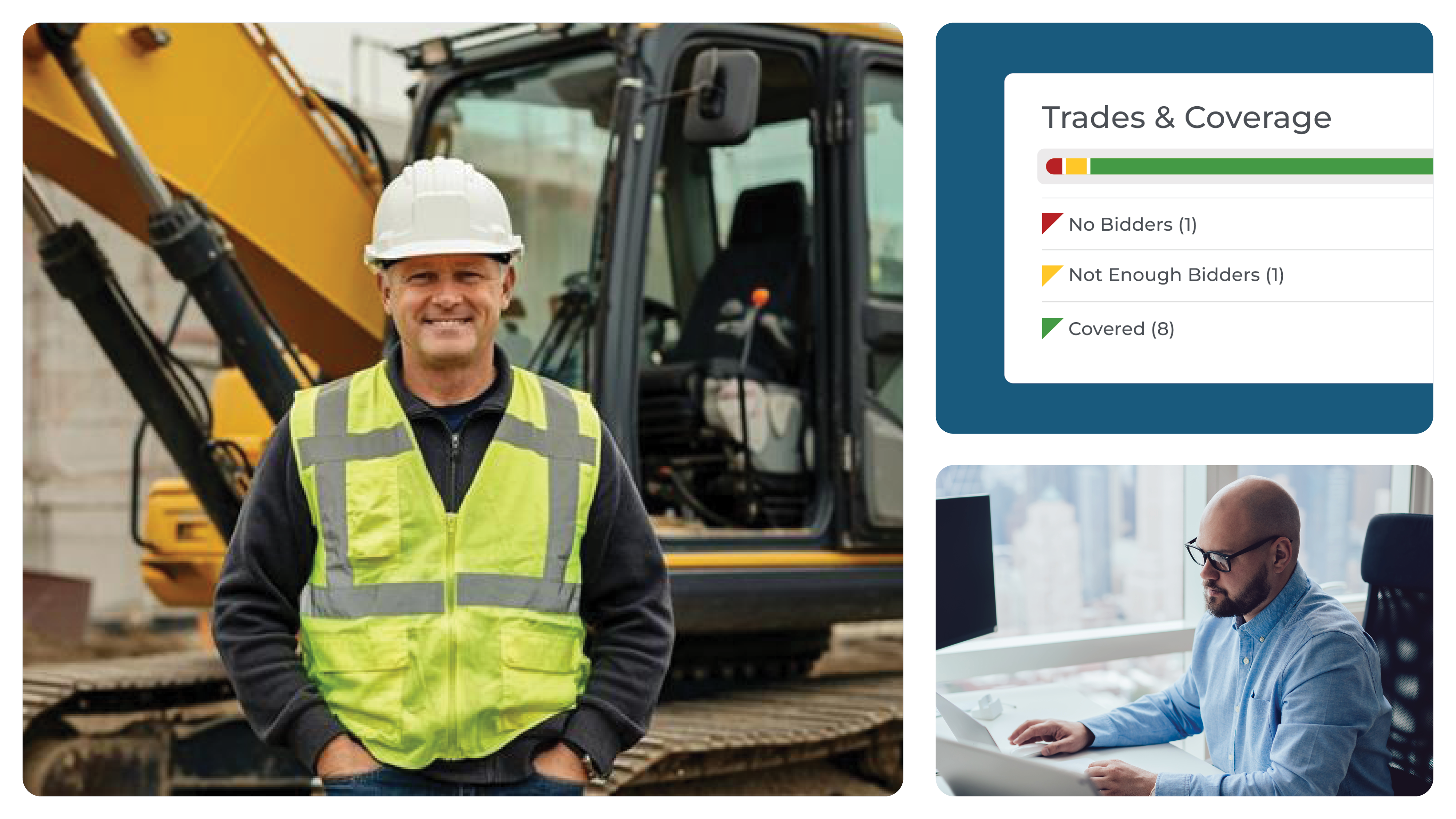 Construction pro on-site, general contractor using software, and trades & coverage widget displaying bidder coverage for subcontractor selection.