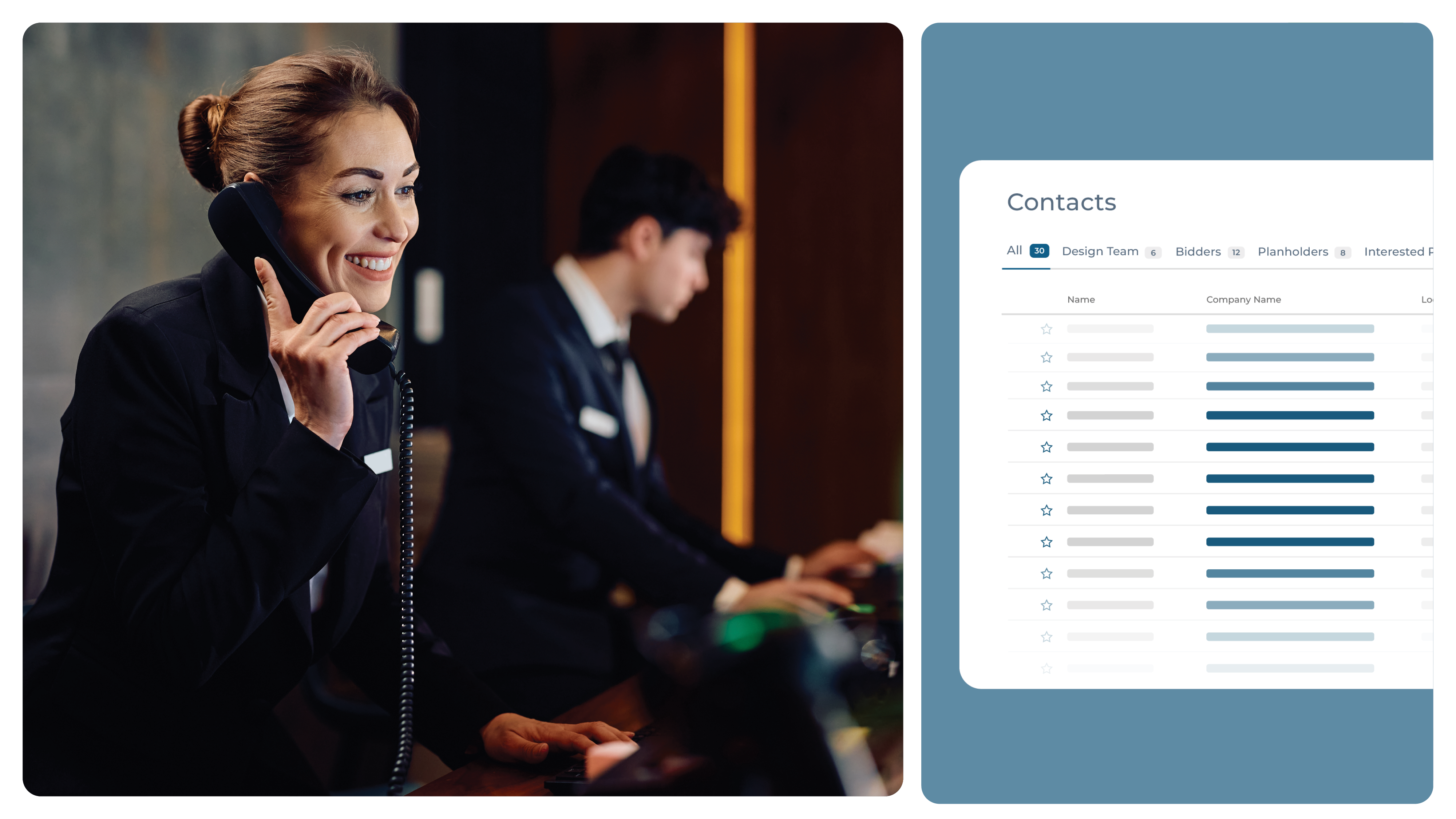 Hotel front desk staff on the phone, with a contact list of construction project stakeholders, design team, bidders, and interested parties for project coordination.