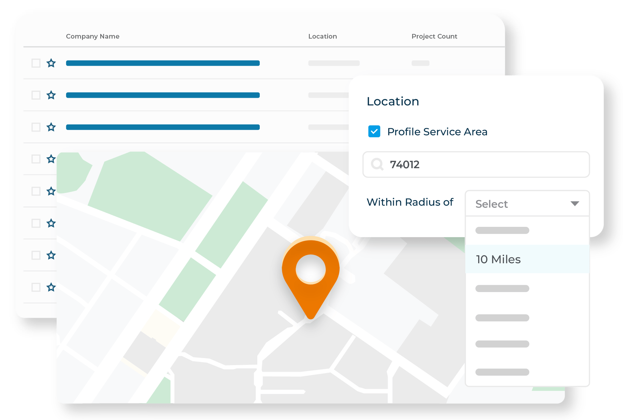 Filtered search results for companies by location, displayed on an interactive map for quick access and project targeting. Filtered search results for companies by location, displayed on an interactive map for quick access and project targeting.