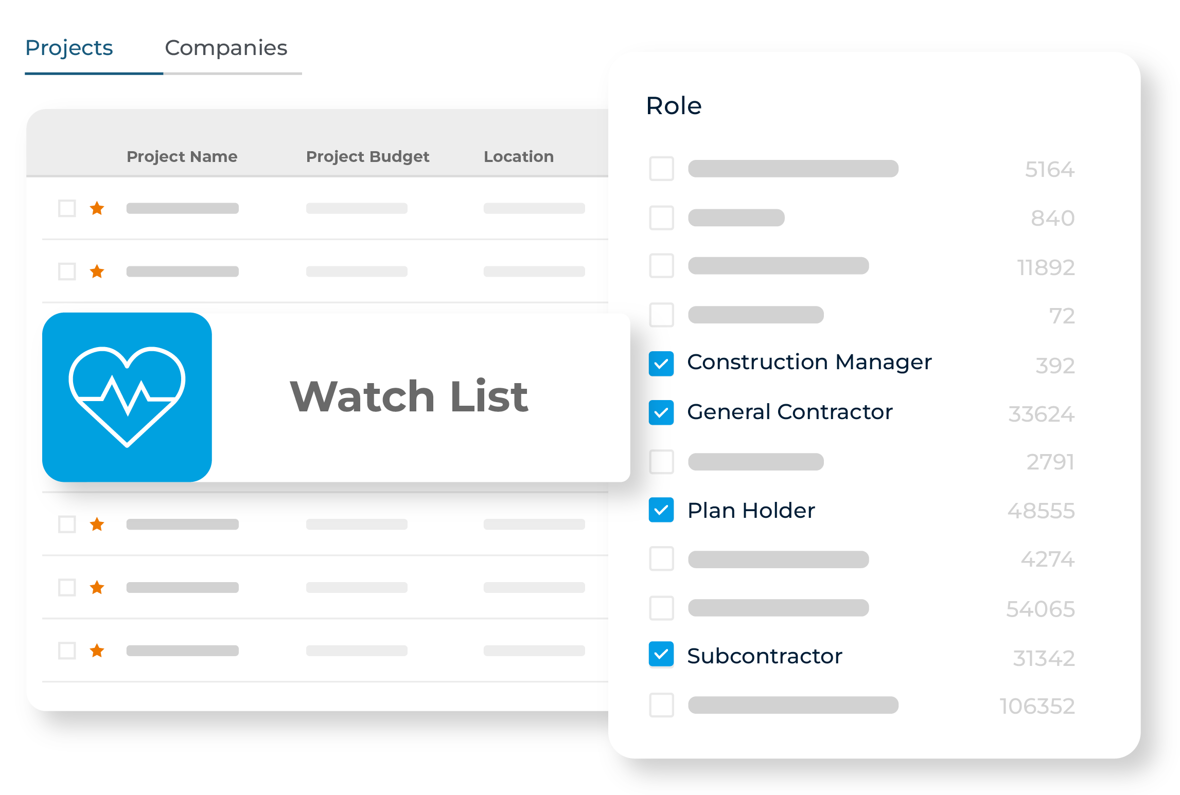 List of construction projects on personal watch list with advanced filters applied, searching by specific construction roles for targeted project tracking.