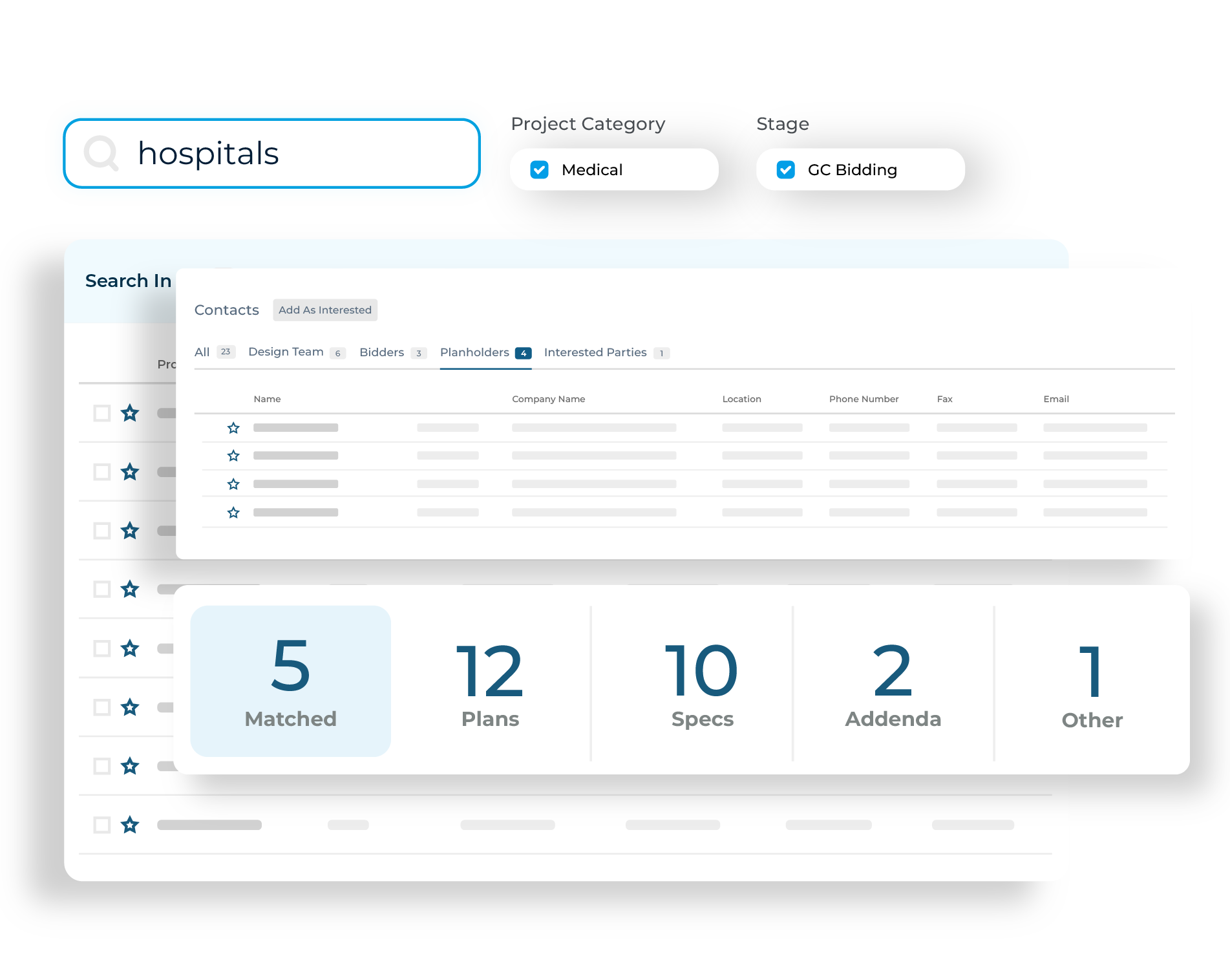 Construction project search results in software with applied filters, stakeholder contact details, and access to relevant documents.