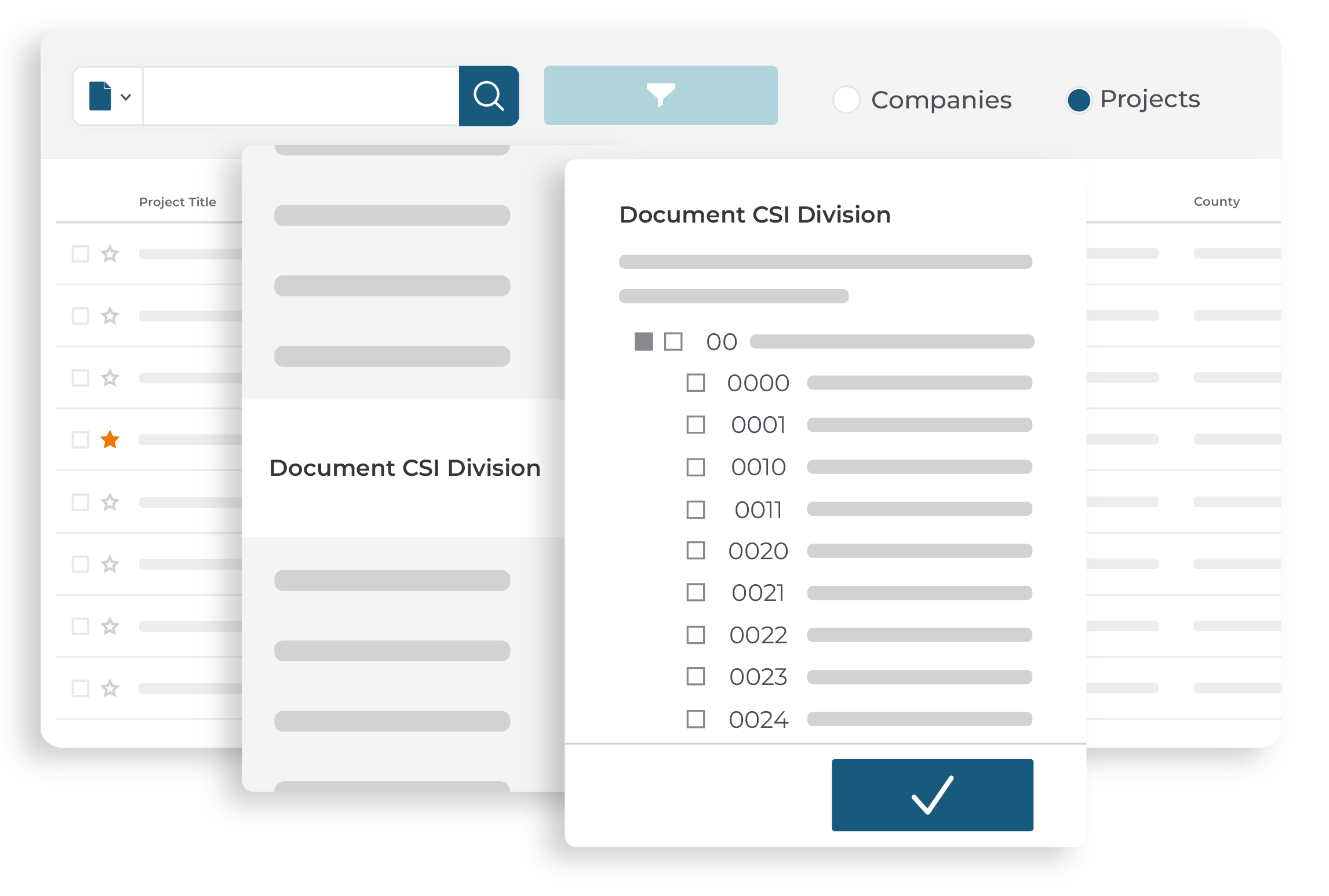 Project search results with advanced search and filtering of documents by CSI division categories for streamlined project management and bid preparation.