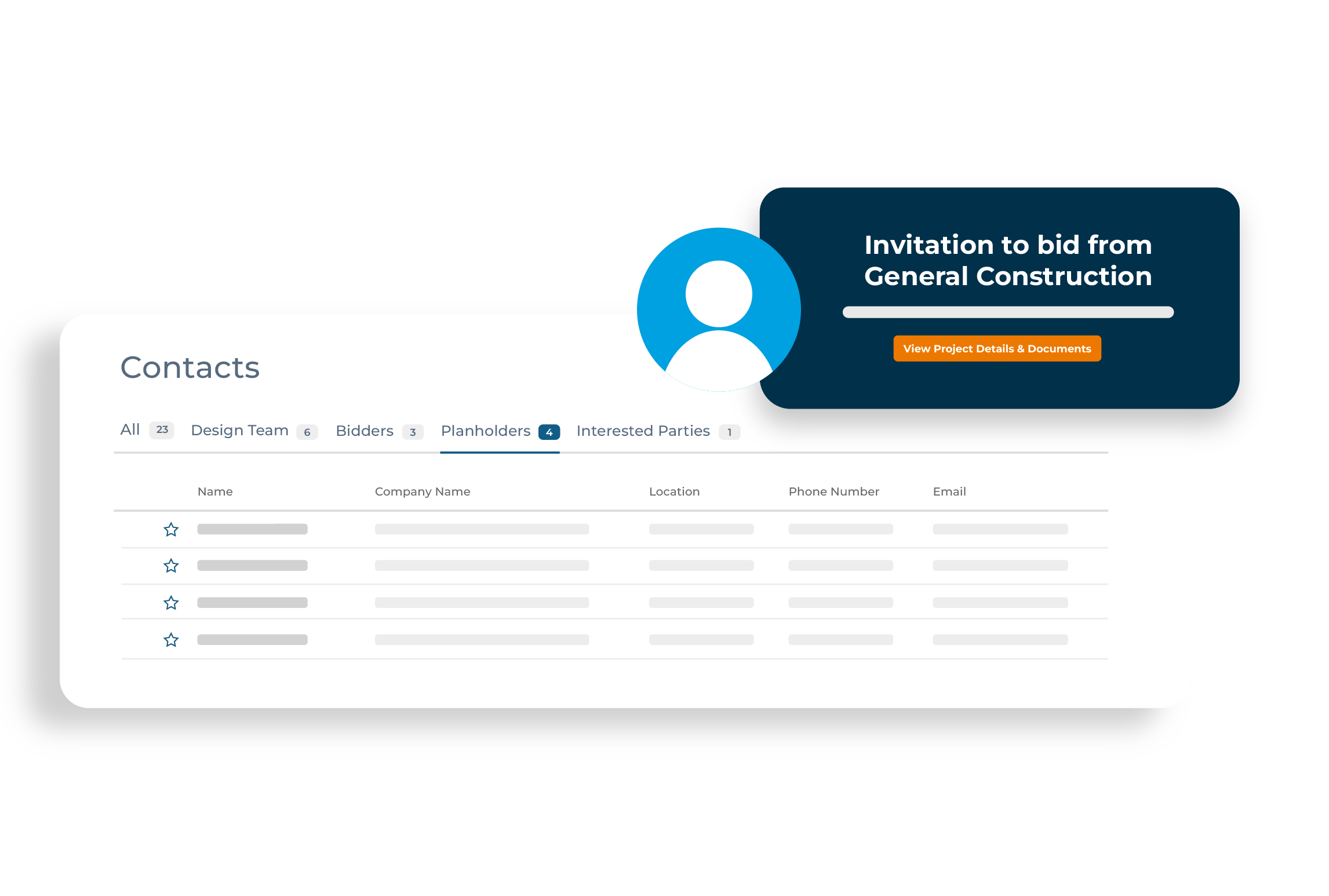Digital invitation to bid sent by a general and a contact list of planholders, design team, bidders, and interested parties for construction project collaboration.