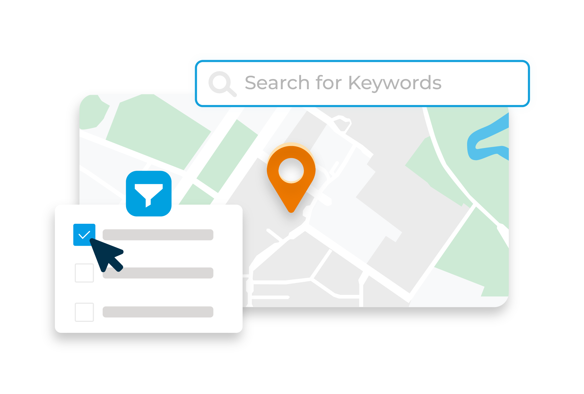Construction software with a project search bar, advanced filters, and an interactive map displaying project leads with marked locations.