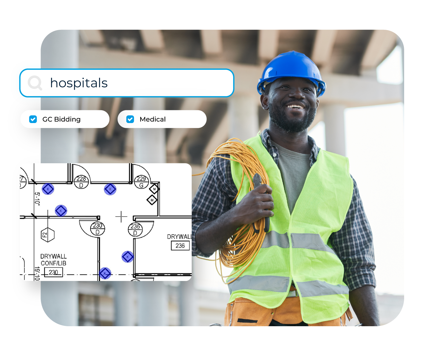 Subcontractor using featured construction software to search for project leads and perform digital takeoff on a floor plan