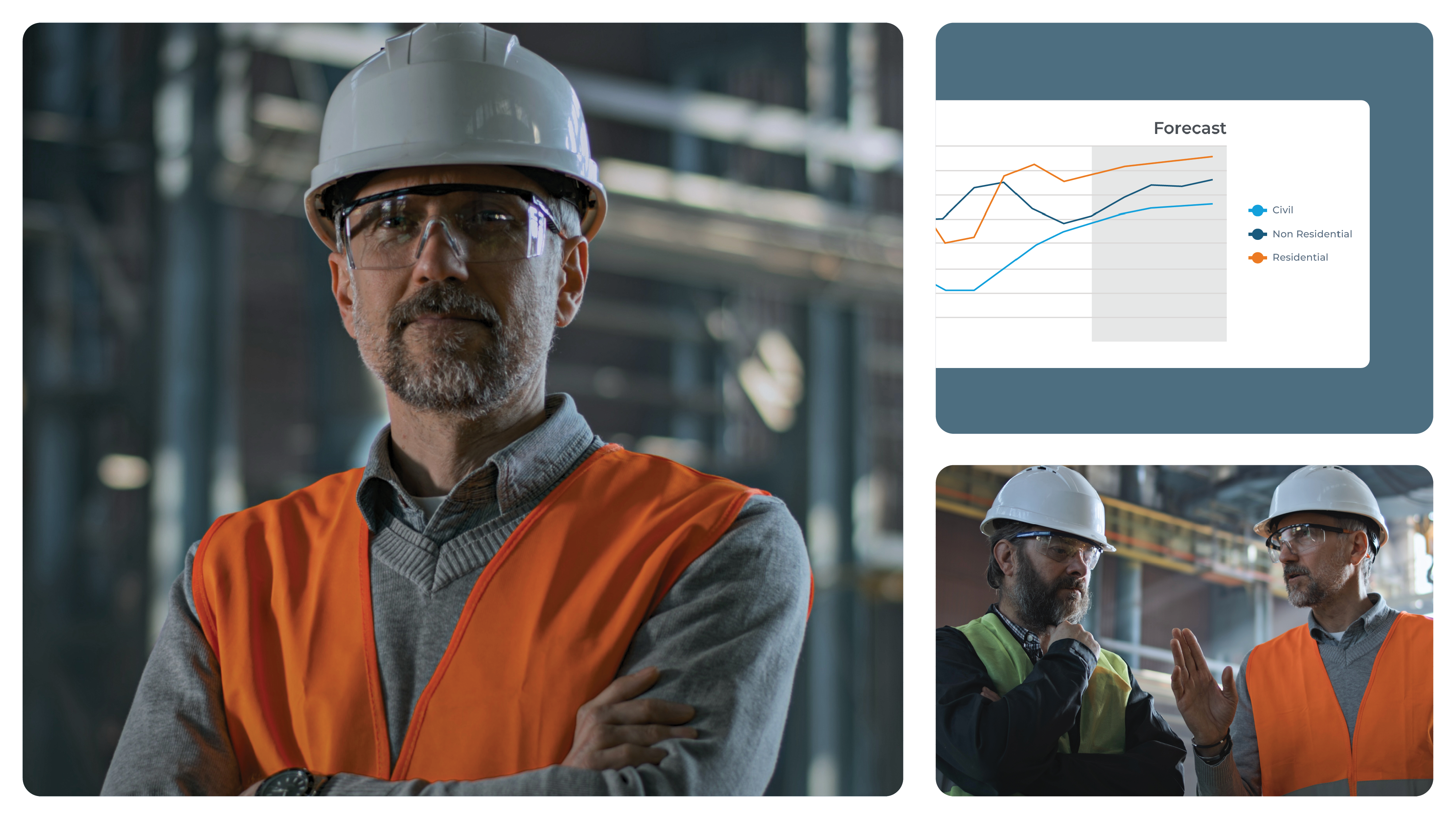 Suppliers and distributor professionals working onsite, with a forecast graph displaying construction project trends for data-driven planning.