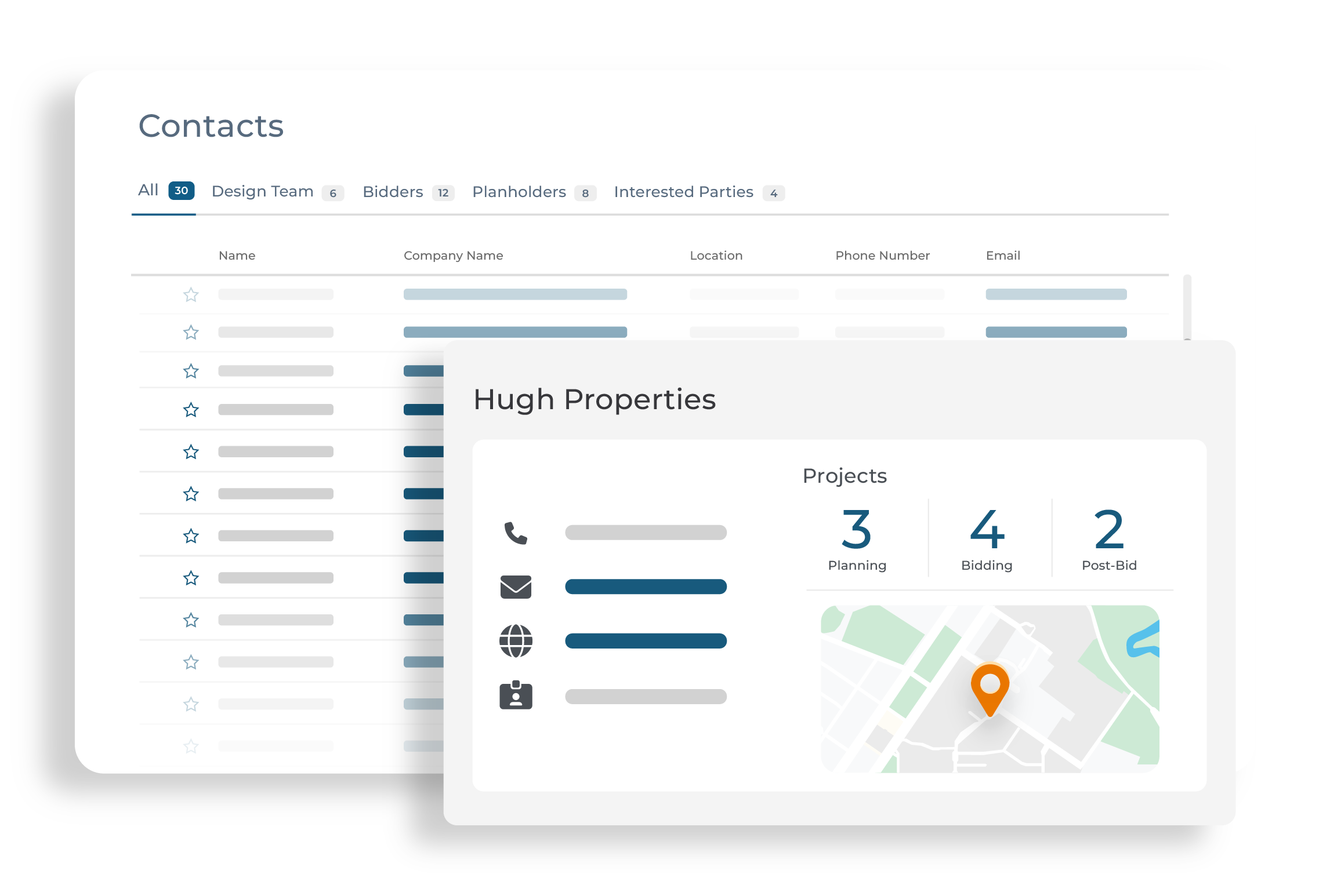 Contact list with detailed profiles including phone, email, website, ID number, location, and project count in their bid pipeline.