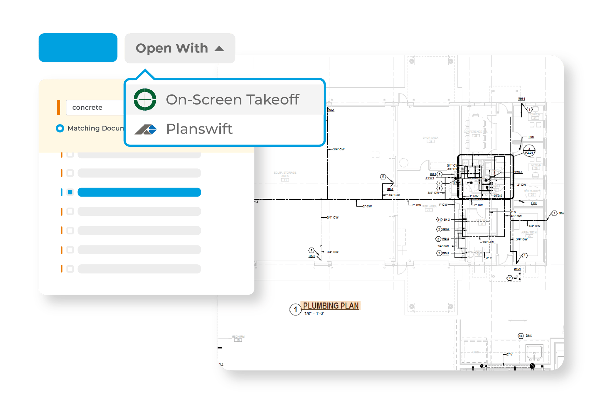 Floor plan in document search, with user opening in On-Screen Takeoff or PlanSwift programs to perform digital takeoff and measurements. Floor plan in document search, with user opening in On-Screen Takeoff or PlanSwift programs to perform digital takeoff and measurements.
