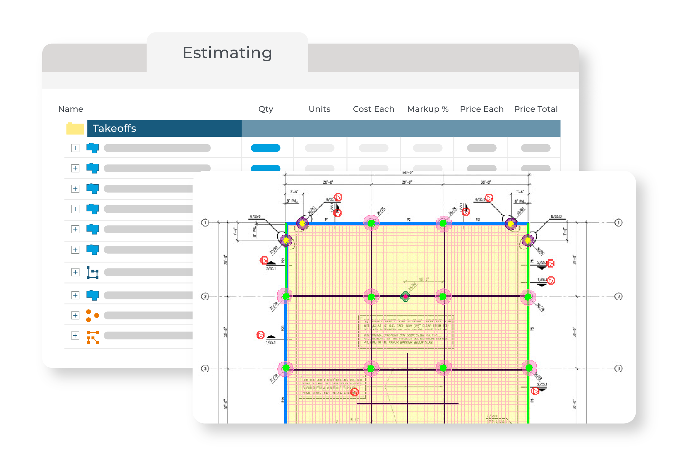Digital takeoff with linear and area measurements, paired with a corresponding estimation sheet for accurate project cost calculation.