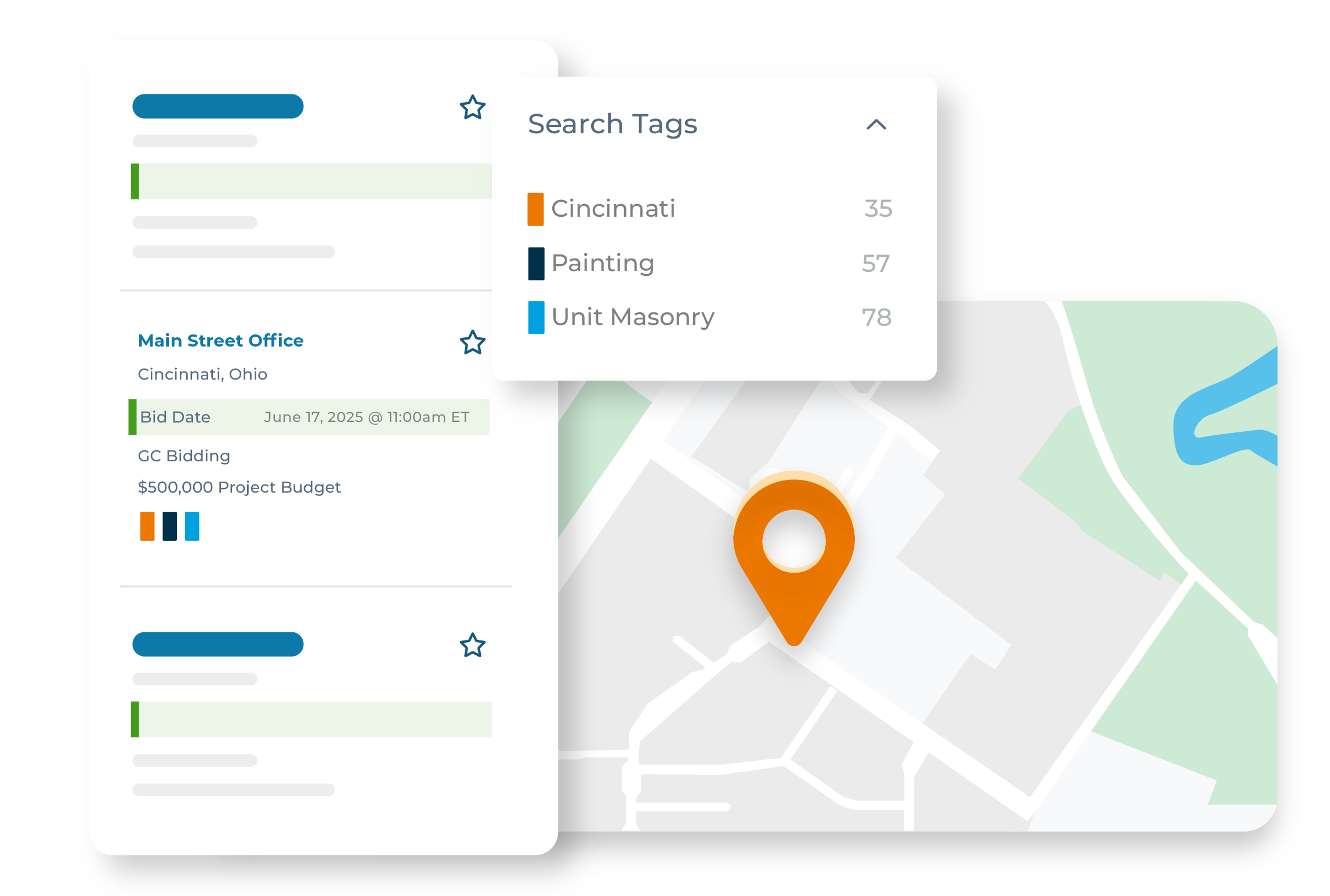 Project search results filtered by saved tags specifying location, construction specialty, and materials, with an interactive map highlighting project locations.